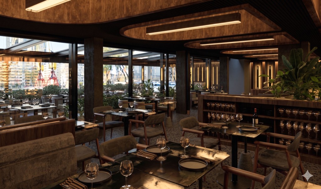 Salón principal de FARDA Fuego con vista a Puerto Madero